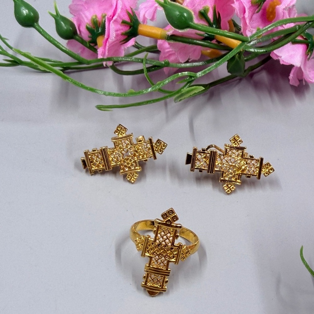 Vintage Gold Plated Geometric Cross Ring and Earrings Jewelry Set